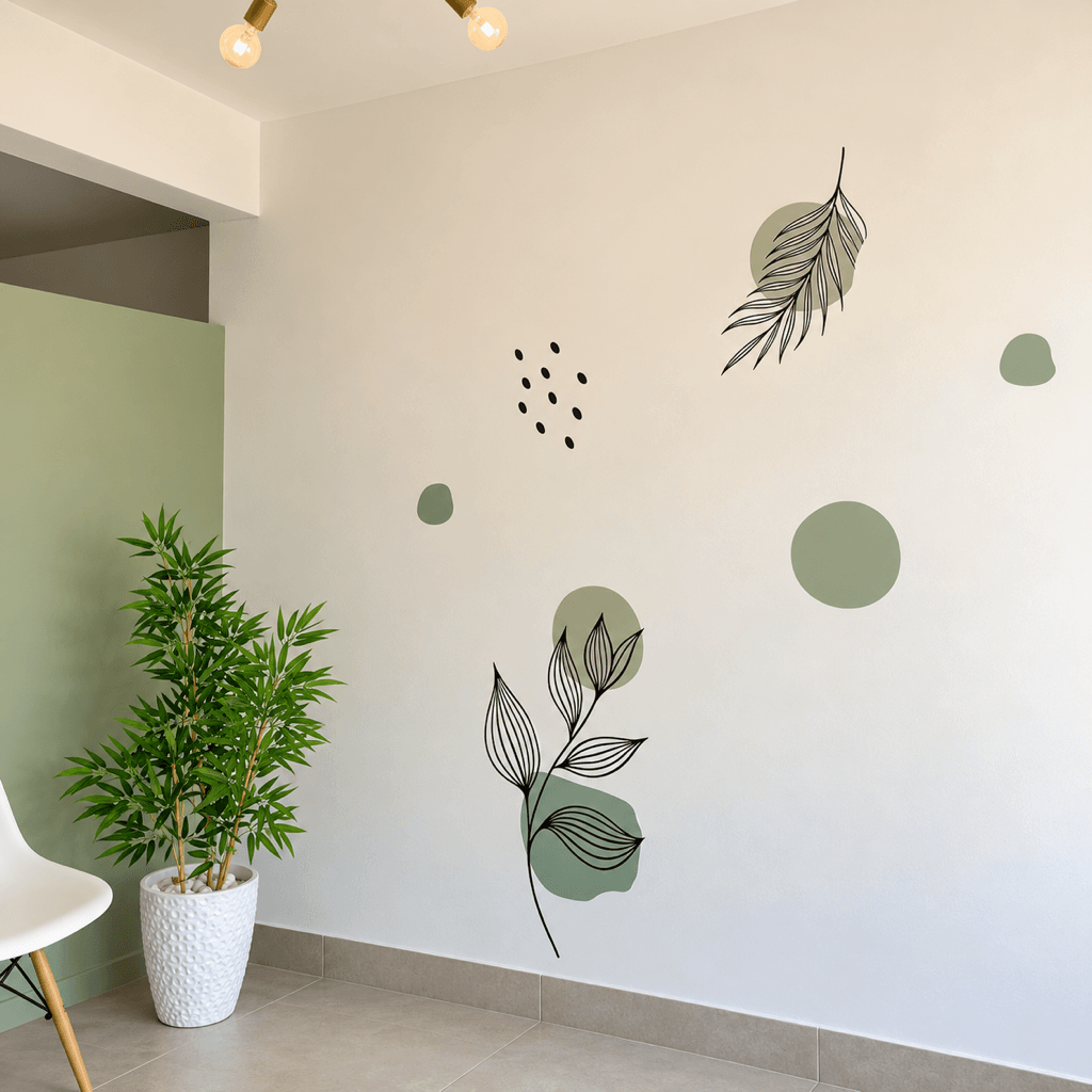 Parede do studio com folhas desenhadas e círculos verde-sálvia, ao lado de uma planta