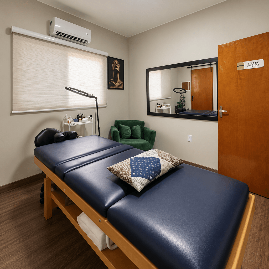 Sala de estética reservada, com maca azul, espelho e poltrona verde
